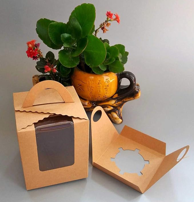25 Pcs Single White Cupcakes Containers Gift Boxes with Window Inserts Handle for Wedding Candy Boxes (25P-Handle-Brown)