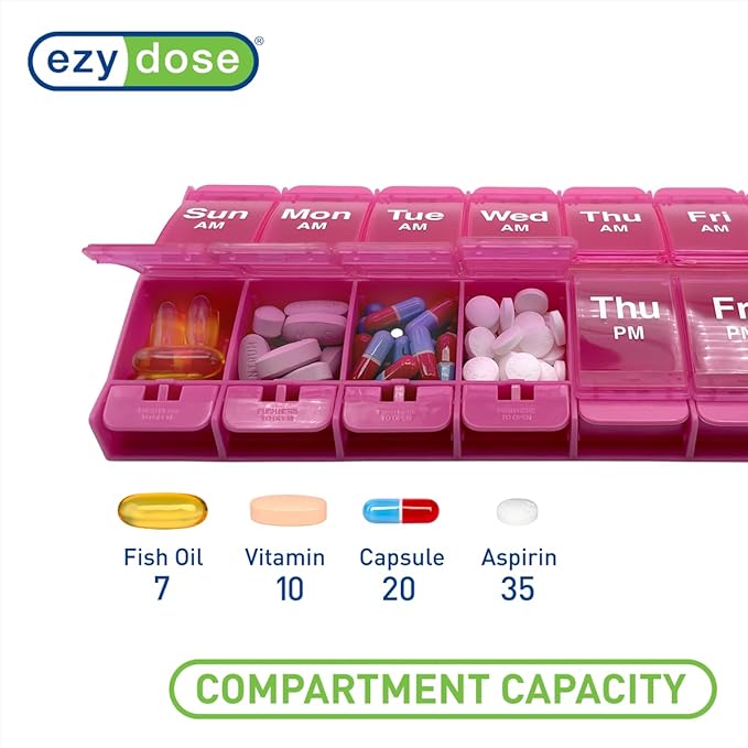 Ezy Dose Weekly (7-Day) AM/PM Pill Organizer, X-Large Medicine Case, Pink | Daily Vitamin Box & Supplement Planner, 2 Times a Day Push Button Compartments, Arthritis-Friendly, Travel-Friendly, BPA-Free
