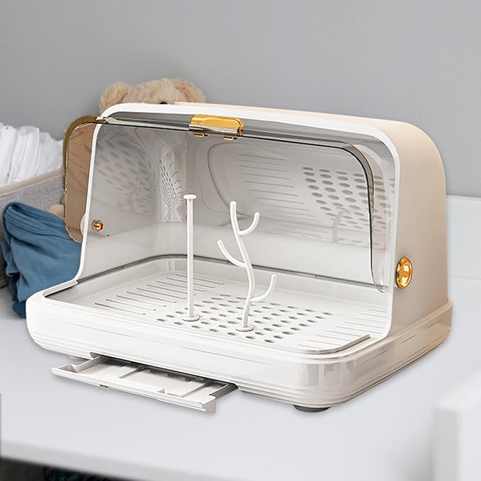harayaa Rack Rack with Cover Storage Box Organizer Portable PET Material Dustproof Dish Drainer Easy to Clean for Nursery Suitable, White Medium