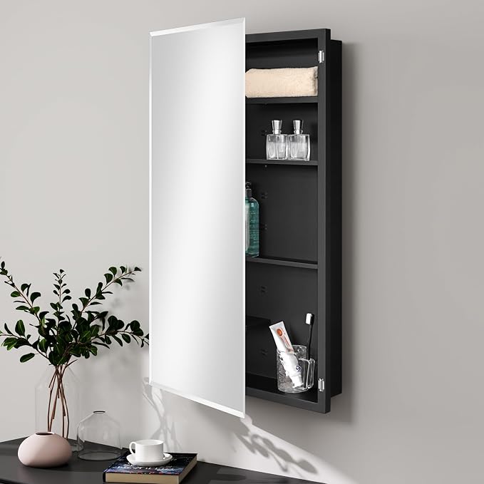 Black Metal Medicine Cabinet, 20 x 36 Beveled Mirror, Recessed Wall Storage | Recessed or Surface Mount Mirrored Cabinet with Adjustable Staggered Shelves, Piano Hinge, Reversible Door Swing, Matte Black