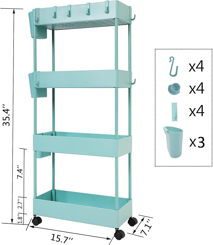 4 Tier Slim Rolling Utility Kitchen Cart Bathroom Organizer for Narrow Places Multipurpose Storage Shelve Mobile Trolley for Bedroom Laundry Office Restaurant Garage Pantry (Teal)