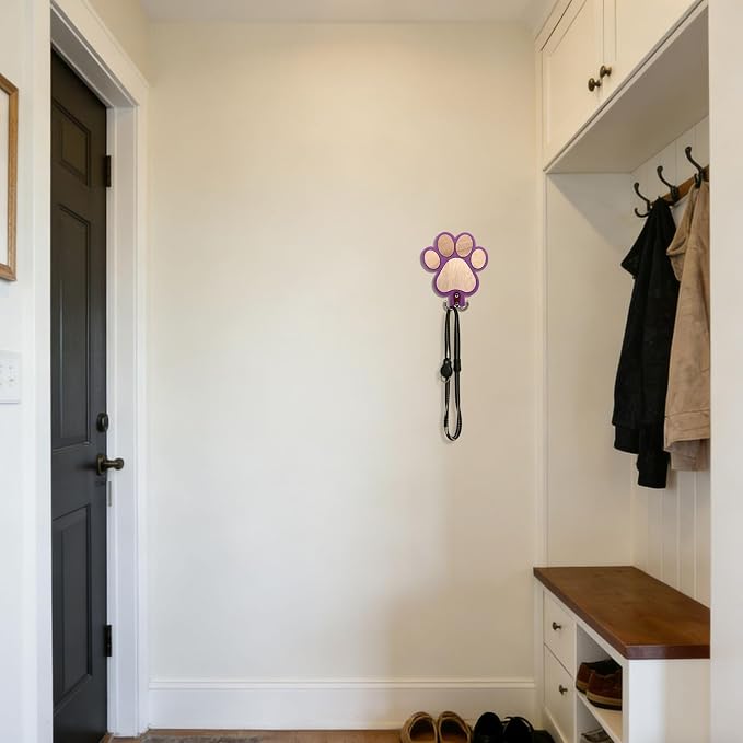 Goodangie00 Rustic Wooden Dog Leash Holder Wall Decoration, Cute 3D Puppy Paw Wall Mount Hanger Organizer Hooks for Home Farmhouse Bathroom, Coat Rack, Keys, Harness, Collars, Pet Lover Gift (Purple)