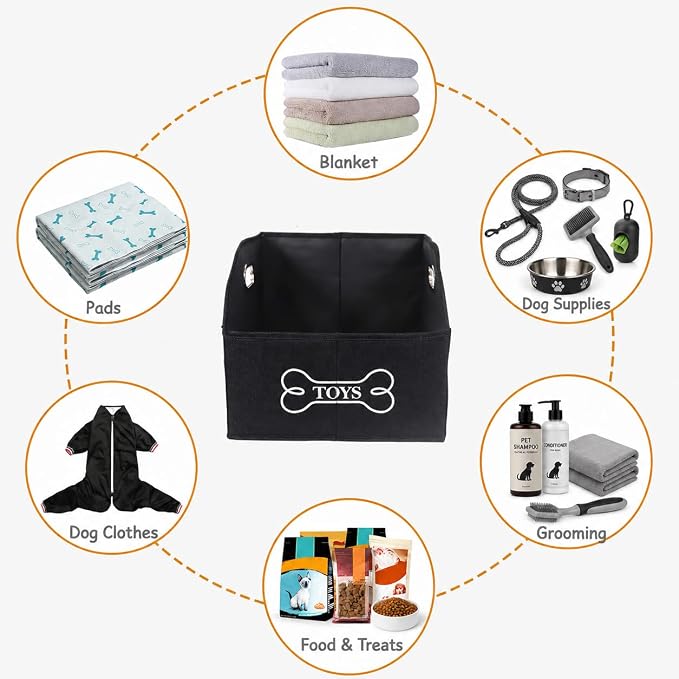 Large Dog Toy Storage Bin, Foldable Trapezoid Box with Handles | Canvas Fabric,Large Capacity, for Pet Supplies,Pet Toy Organizer Basket, Sturdy Metal Handles ,Easy Carry pet storage-Black