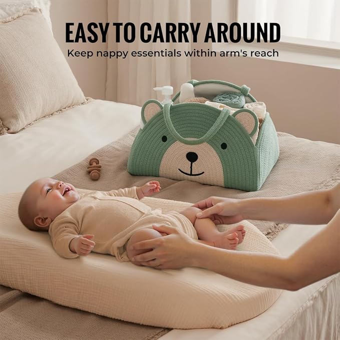 Lmbabter Baby Diaper Caddy Cotton Rope Diaper Organizer Basket Rainbow Theme Nursery Storage Bin Daypack Car Travel (Pink Bear)