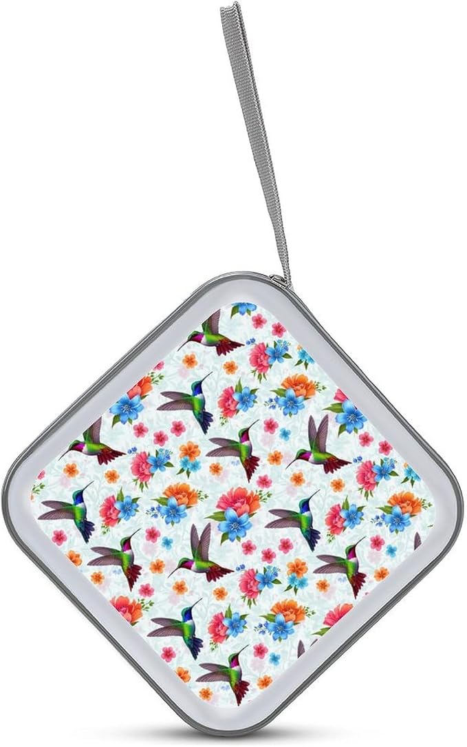 Portable DVD CD Organizer Wallet Bird Colorful Flowers Hummingbirds Floral, 40-Capacity Hard Case with Strap, Protective Storage Binder for Car Home