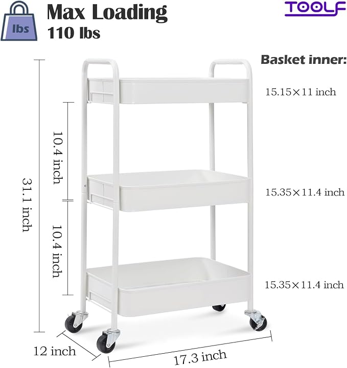 TOOLF 3 Tier Metal Rolling Cart, Utility Storage Cart with Wheels, White | Screwless Assembly, Lockable Metal Wheels, Trolley Organizer for Bathroom, Kitchen, Office, Dorm, Laundry, Craft Room