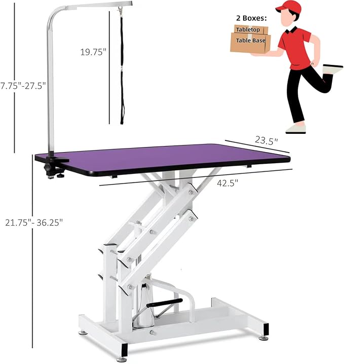 Hydraulic Dog Pet Grooming Table, 42 Inch Heavy Duty Professional Pet Grooming Station 21'' -36'' Height Adjustable for Small Medium Large Dog at Home with Clamps and Grooming Noose, Purple