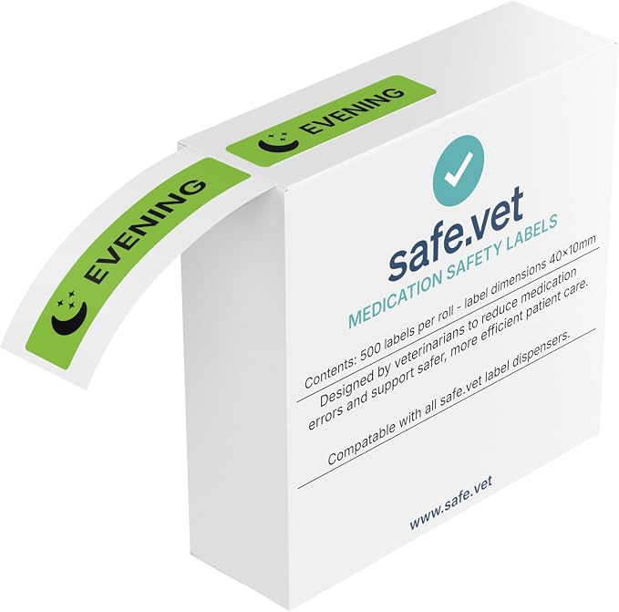 “Evening” Veterinary Pharmacy Labels | Roll of 500 | Clinical-Grade Color-Coded Instruction Stickers for Veterinary Medication Bottles & Prescription Packaging