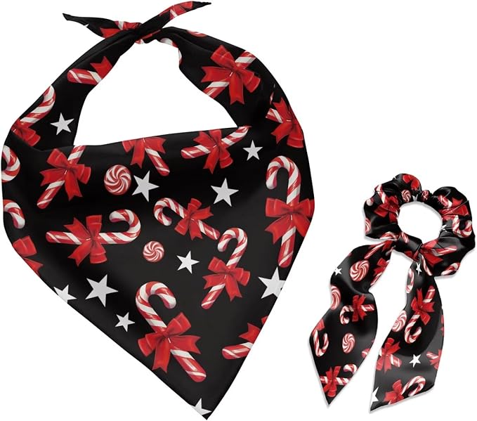COEQINE Christmas Bandanas for Dogs Large Sleep Hair Tie for Women Matching Dog and Owner Clothes Set 2 Pcs Red Candy Cane Pattern Festival Costume Non Slip