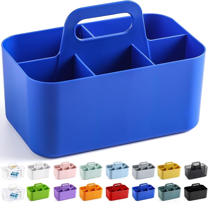 Multiuse Caddy Organizer with Handle, Portable Plastic Tote Bin - Art Craft, Stationary Pen Marker Crayons, Makeup Hair Supplies Storage - Bathroom, Classroom, Dorm, Office, Desk Holder - Dark Blue