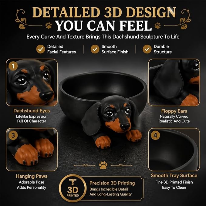Dachshund Catch All Tray, Dog Key Bowl Jewelry Storage Holder Home Decor | 3D Printed Candy Dish Cute Trinket Organizer Decorative Animal Statue Desk Accessories Pet Lover Gift for Entryway(1PC)