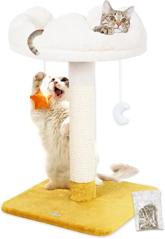 Tall Cat Scratching Post with Large Bed, Thick Posts with Toys | 28" Tall For Large Cats, Easy To Clean, Cloud-Shaped Soft Perch, Removeable Cover, Stable Cat Stand, Bonus Catnip