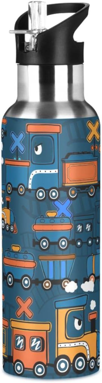 Railway Train Cartoon Water Bottle with Straw Lid Kids Insulated Stainless Steel Water Flask Sports, 20 Oz Hot Cold