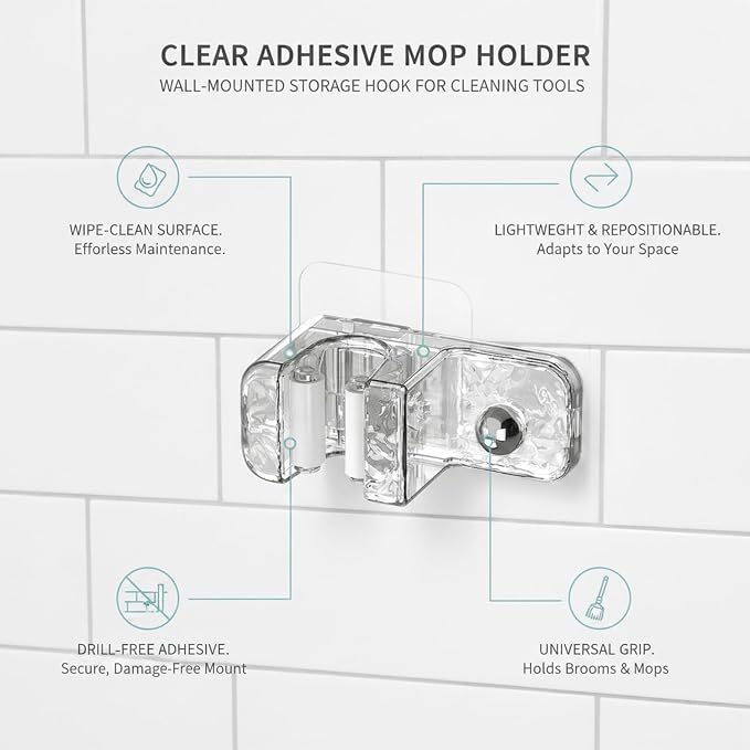 Clear Adhesive Mop Holder for Wall, No-Drill PET Plastic Hook for Brooms & Cleaning Tools, Compact Storage for Bathroom & Kitchen Tiles (1 Pack)