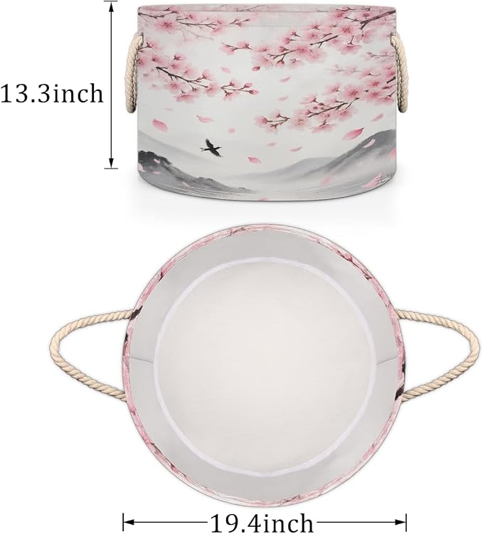 Large Storage Baskets - Cherry Blossoms Bird Nursery Organizer Bin Box with Handles Collapsible Round Laundry Hamper for Kids Toys Pet Blanket, Bedroom Living Room Home Decor Gift Basket