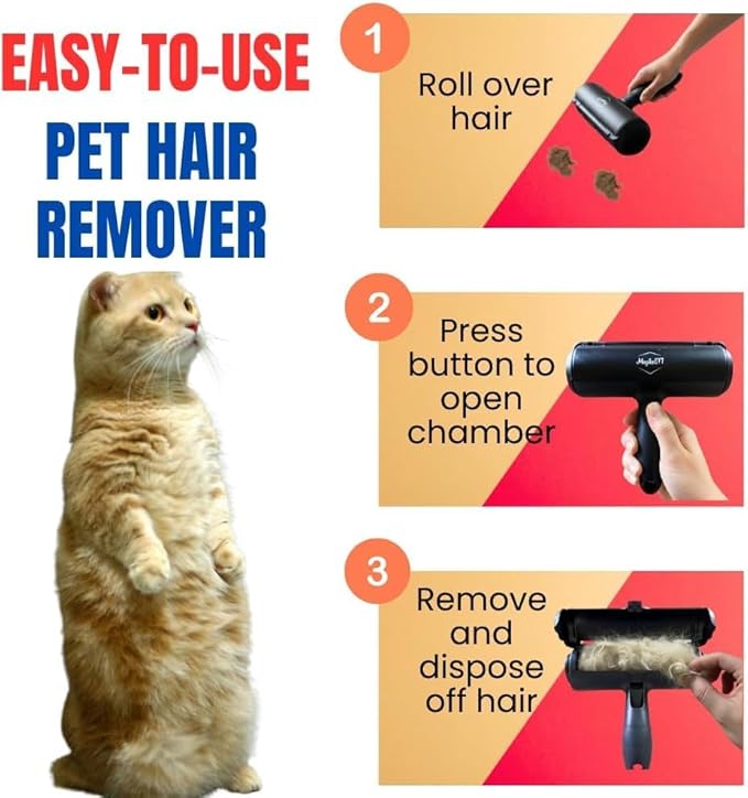 Pet Hair Remover Roller | Reusable Lint Roller for Dog & Cat Hair | Multi-Surface Fur Remover for Furniture, Couch, Carpet, Clothes & Bedding | Portable, Eco-Friendly Cleaning Tool (Black)