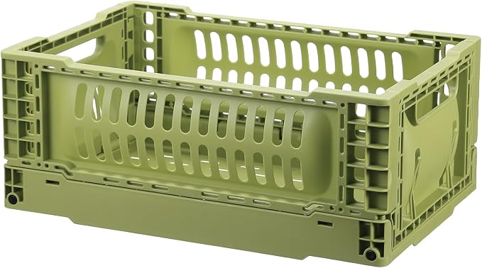 uxcell Collapsible Crates, 11.7x7.8x4.7 Stackable Plastic Storage Baskets with Handle Small Storage Containers for Bedroom Office Classroom Bathroom Desktop Organizer Decor, Olive Green