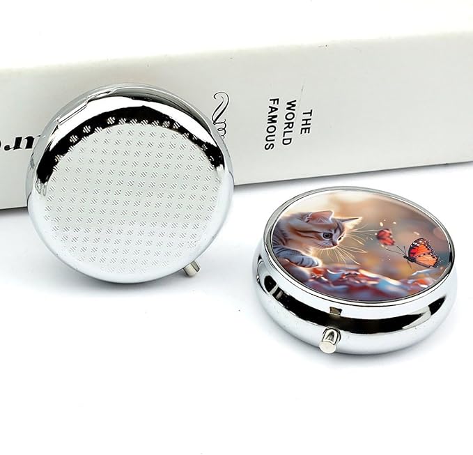 Kitten with Butterfly Metal Round Pill Box, 3 Compartment Travel Organizer, Portable Pill Container with Secure Latch, 2 Inch Circular Vitamin Caddy for Pills and Vitamins, Gift for Him Her Elderly