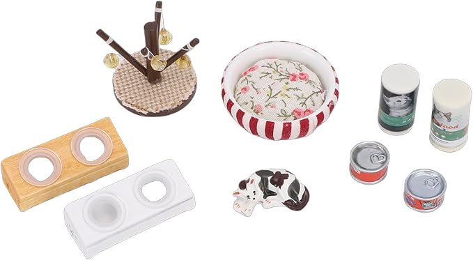 Focket 1:12 Dollhouse Cat Figurines, Miniature Dollhouse Accessories with Cat Bowl Stand and Bed, for Pet Lifestyle Display and 1/12 Scale Model Houses