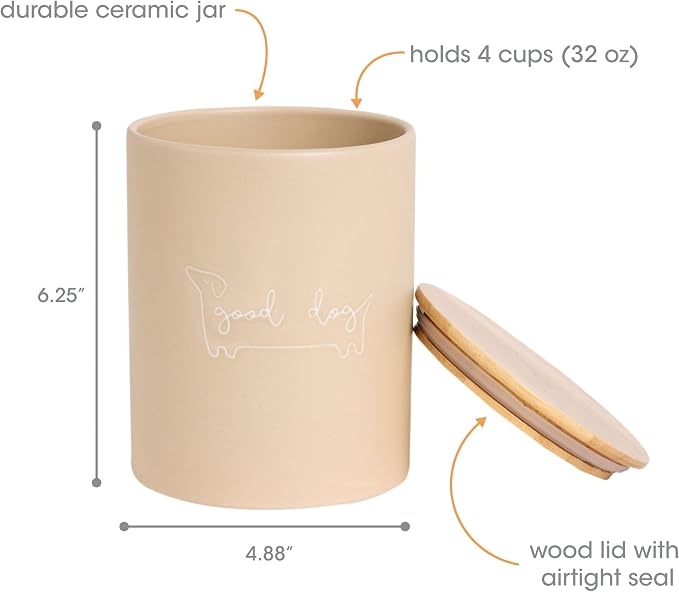 Pearhead Taupe Good Dog Ceramic Dog Treat Jar with Airtight Wooden Lid