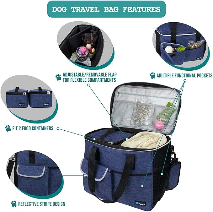 PetAmi Dog Travel Bag Organizer, Pet Supplies Diaper Tote, Navy Blue Large | Pet Travel Kit with 2 Food Containers & 2 Collapsible Dog Bowls, Luggage Sleeve, Weekend Getaway Road Trip Camping Essentials