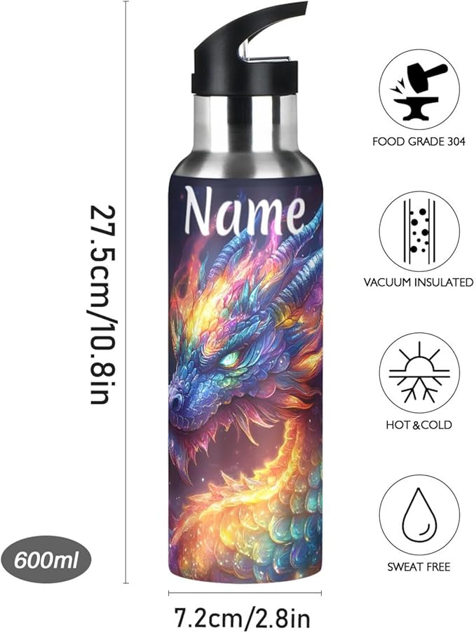 Custom Name Colorful Rainbow Dragon Water Bottle with Straw Lid Kids Insulated Stainless Steel Water Flask Sports, 20 Oz Hot Cold