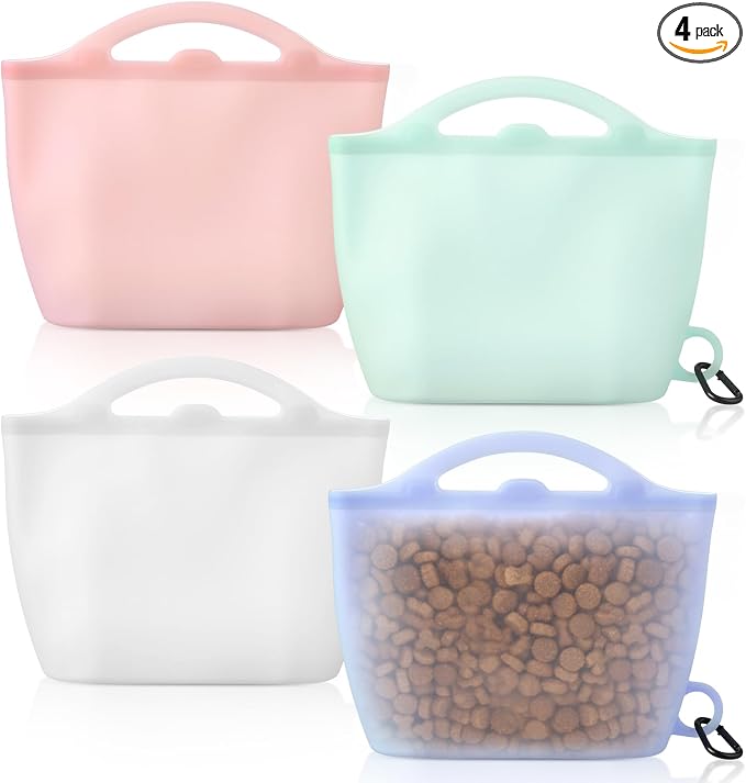 4 Pack Silicone Dog Treat Pouch, 4 Cup (1000ml) Large Capacity Training Bag with Clip, Reusable Leak-Proof Food Storage for Walking Hiking, Dishwasher Safe (White, Blue, Green, Pink)