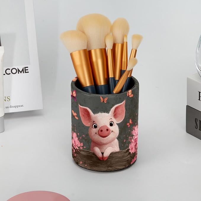 Faux Leather Pen Holder for Desk, Pencil Organizer Cute Pig Pen Cup Desk Decor Makeup Brush Holder Storage for Office Home