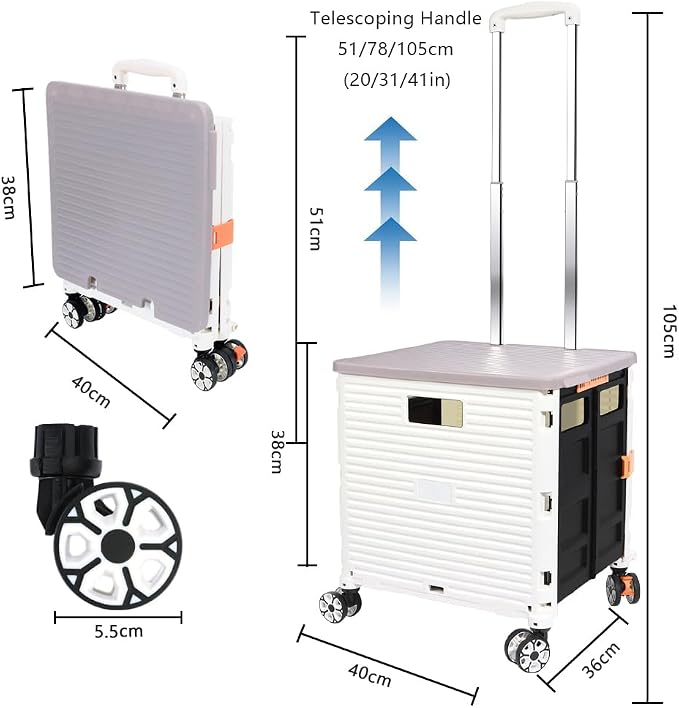 FELICON SELORSS Foldable Utility Cart Folding Portable Rolling Crate-White | Durable,Heavy Duty,Plastic Box,Telescoping Handle,4 Rotate Wheels,Collapsible Handcart for Travel Shop Move Luggage Office