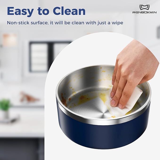 WENBOKMIN Dog Bowl, Stainless Steel Dog Food and Water Bowl with Non Slip Quiet Bottom, Easy to Clean, Dishwasher Safe, 64oz, Blue