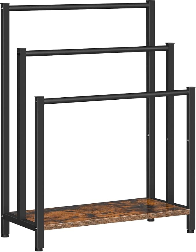 HOOBRO Free Standing Towel Rack, 3 Tier Blanket Rack, Blanket Holder for Bathroom, 23.6" L x 11" W x 31.9" H, Industrial Metal Drying and Display Rack with Shelf, Rustic Brown and Black BF06LB01
