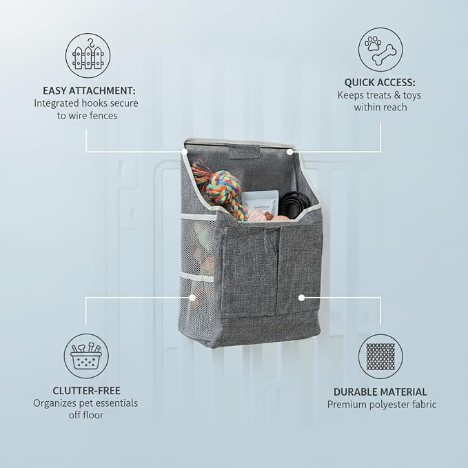 1 Pack Hanging Pet Fence Storage Bag, Vertical Mesh Organizer for Dog Playpen Accessories, Polyester Pocket for Treats and Toys