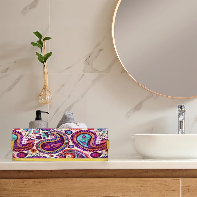 Paisley Folk Style Bathroom Storage Basket, Foldable with Handle Open Countertop Paper Towel Decorative Box, Toilet Tank Top Shelf Baskets for Home Closet Bedroom Living Room Office