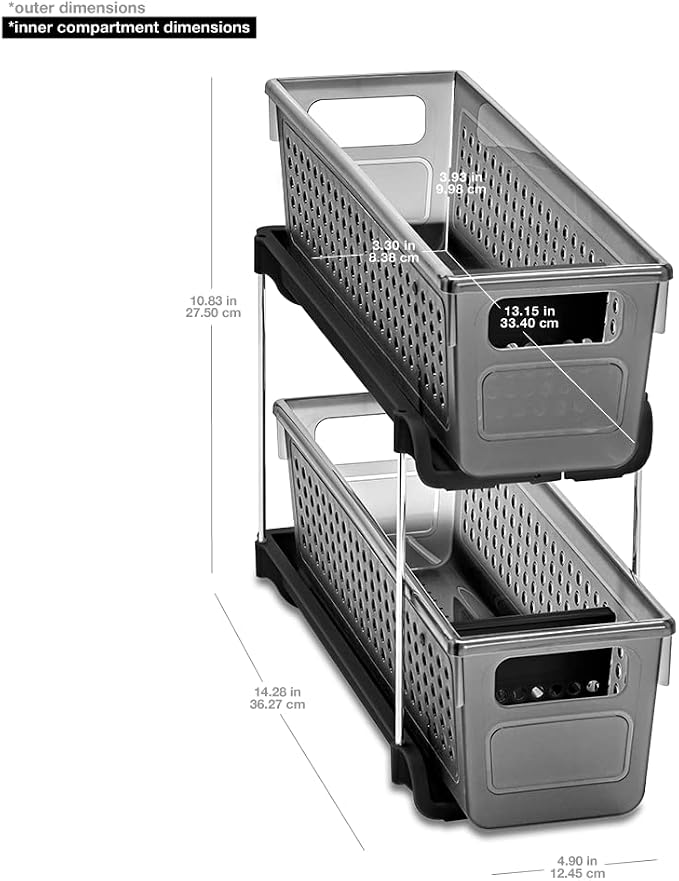 madesmart Premium Small 2 Tier Organizer, Under Cabinet Storage with Sliding Drawers, for Cleaning Supplies, Pantry, Sponges, Bottles, Adjustable Dividers & Pull Out Sliding Baskets, Carbon