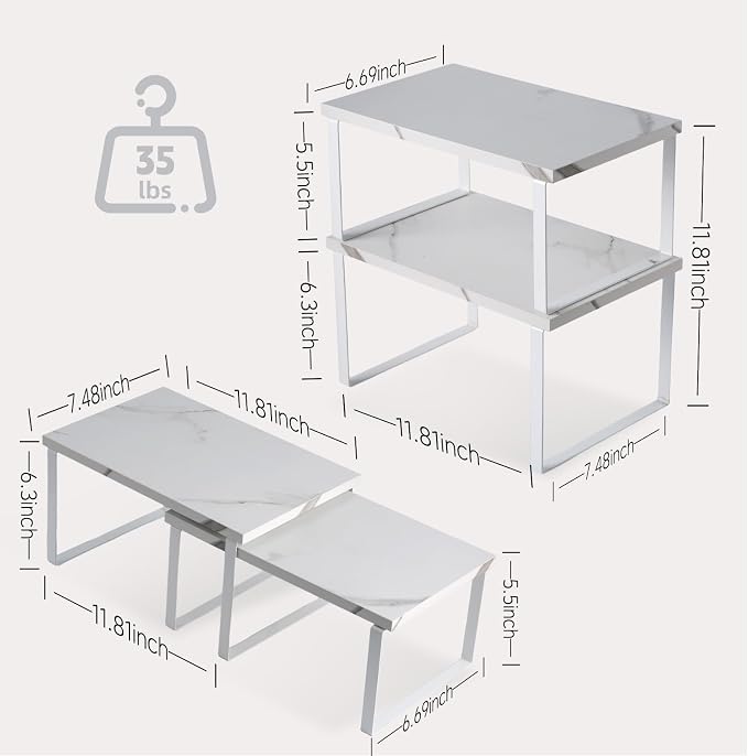 2 Pack Expandable Cabinet Shelf, Wood & Metal, White | 2pack expandable cabinet shelf organizer 11.8-23.2 wood&metal 35lbs white kitchen pantry spice rack stackable