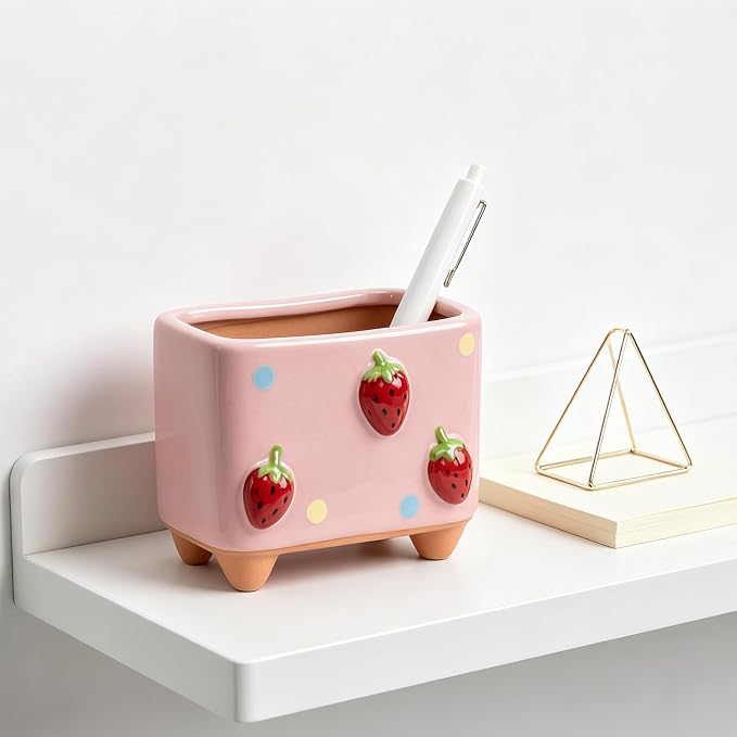 Ceramic Strawberry Pen Pencil Holder Cute Pen Holder for Desk Decoration Accessories Strawberry Decor Office School Ideal Gifts