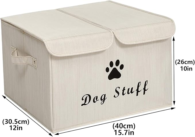 Large Storage Boxes - Large Linen Fabric Foldable Storage Cubes Bin Box Containers with Lid and Handles for Dog Apparel & Accessories, Dog Toys(BambooiBeige)