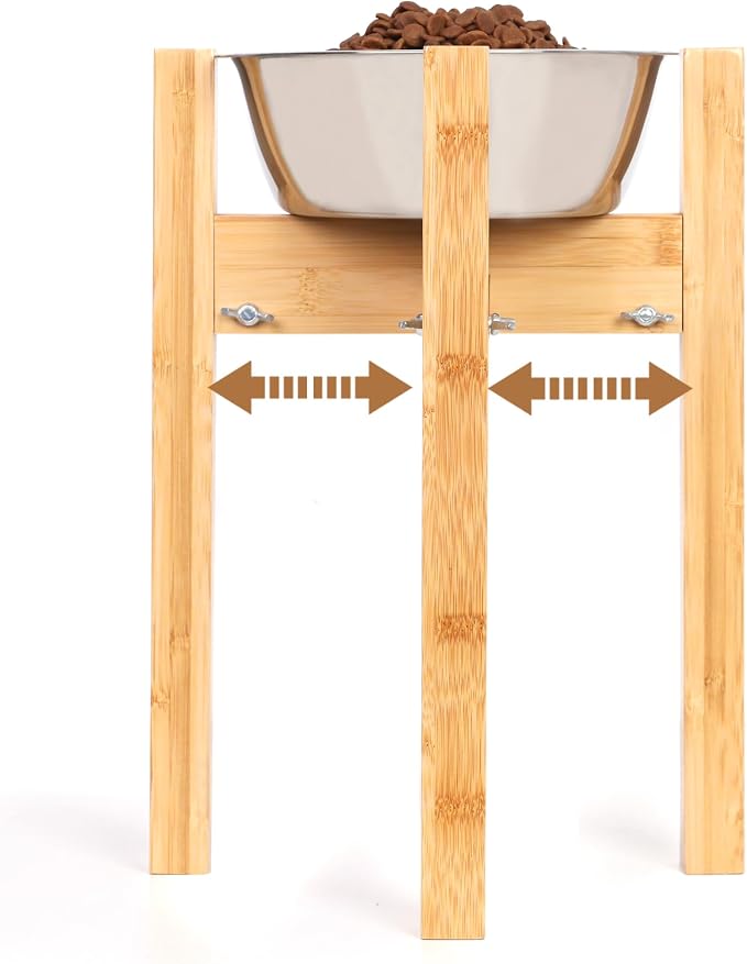 Elevated Dog Bowl Stand Adjustable Dog Food Holder 14”H Large Bamboo | 14” Elevated Dog Bowl Stand, Large Dogs, Adjustable, Fits 8”-11” Bowls, Single Bowl Holder, Natural Bamboo, Classic