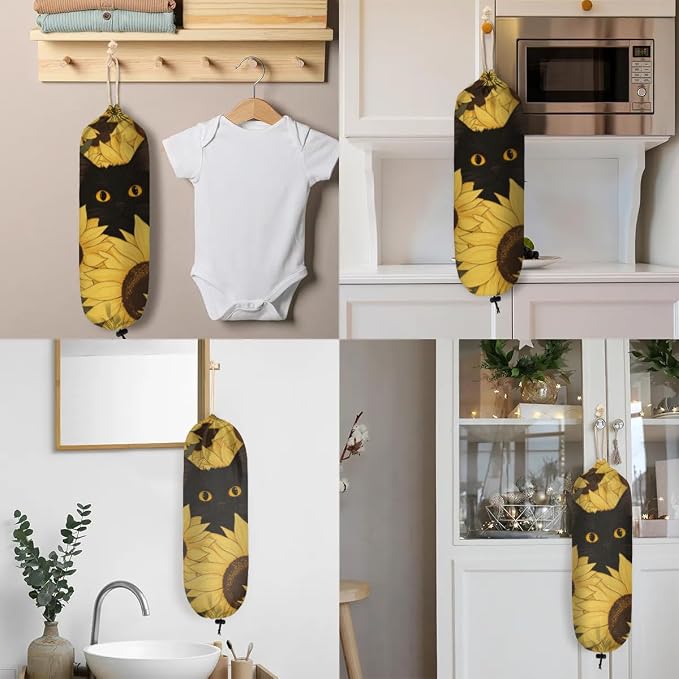 Animal Cat Plastic Bag Holder Yellow Sunflower Grocery Bag Storage Dispenser Washable Hanging Shopping Bags Carrier Reusable Wall Mount Trash Bag Organizer for Kitchen Pantry