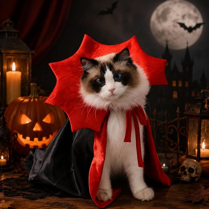 Funny Halloween Dog Cat Vampire Cloak Costume Stand-Collar Design Pet Cape Cosplay Apparel Holiday Party Dress Up Decoration(Vampire,S)