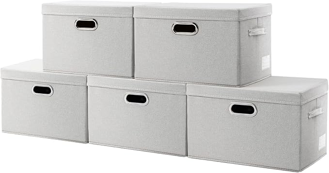 Large Collapsible Storage Containers with Lids [5-Pack] Fabric Foldable Storage Bins Boxes Organizer Baskets Cube with Cover for Home Bedroom Closet Office Beige(17.3x11.8x11.8)