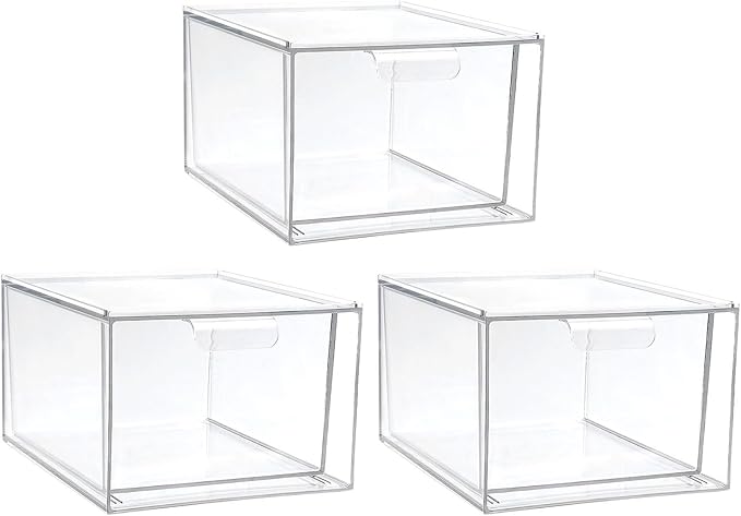 Hemobllo 4pcs Stackable Storage Drawers with Handle, Plastic Makeup Organizer Boxes with Removable Dividers, Pet Material for Lipstick and Accessories, for Makeup Bag and Undersink Cabinets