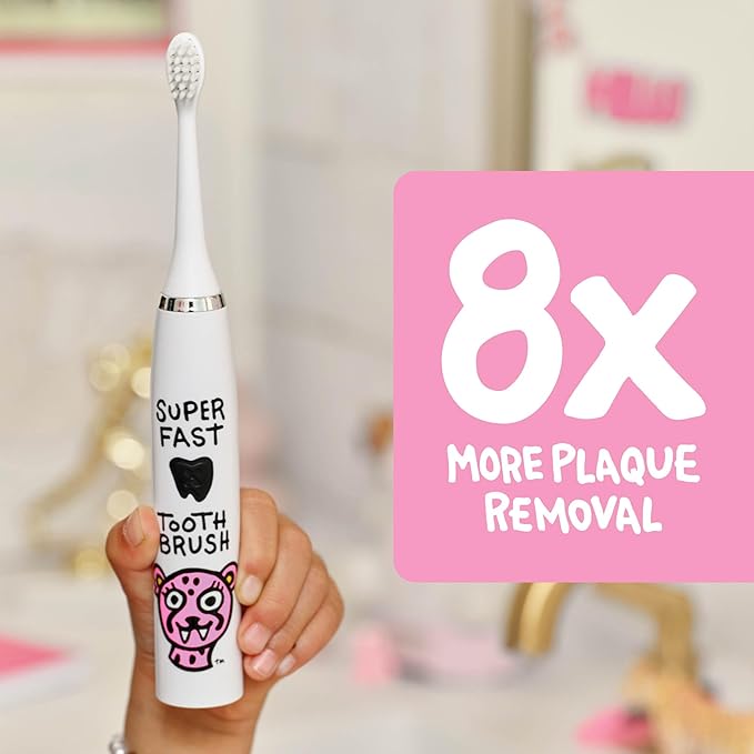 Made by Dentists Kids Electric Toothbrush - Rechargeable Vibrating Toothbrush with Timer, Includes 6 Replacement Heads, Gently Cleans Teeth, Kid & Toddlers Age 2+, Cheetah