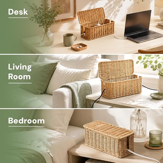 Cable Management Box, Handmade Rattan Cord Organizer for Power Strip | Open Slots Cord Hider for Power Strip, Router & USB Hub, Registered U.S. Design Patent