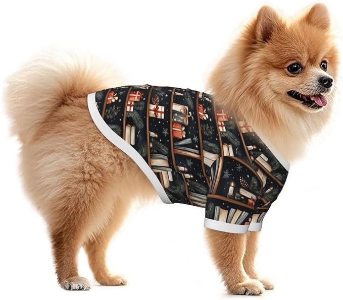 Christmas Bookshelf Dog T Shirt Dogs Cats Cotton Shirts Short Sleeve Clothes Soft Stretchy Pet Costume Doggy Outfit Pullover Jumper Puppy Sweatshirt Medium