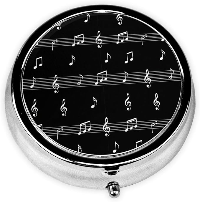 Pocket Pill Dispenser, Black and White Piano Keys Round Metal Case, Travel Organizer for Medicine, Waterproof Pill Box Purse Use for Road Trips