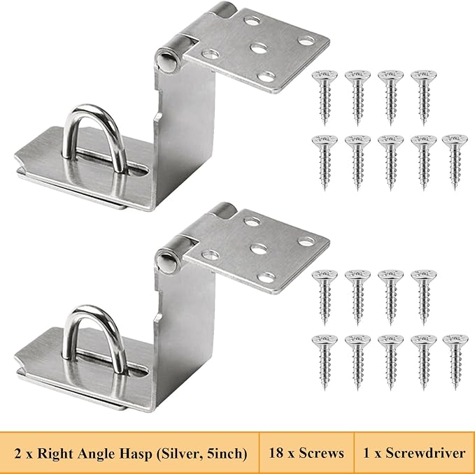5 Inch Right Angle Padlock Hasp, Stainless Steel Safety Door Clasp, 2 Pack 90 Degree Garden Gate Lock Latch with Screws, for Wooden Barn Shed Door, Closets, Cabinets, Box, Pet Cage, Silver