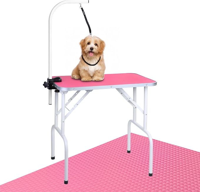 LEIBOU Pet Dog Grooming Table Foldable Grooming Table Heavy Duty Iron Frame with Arm & Noose for Dog Cat Pet Grooming (32'', Pink)