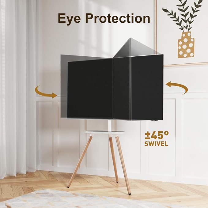 Tripod TV Stand for 43-65" TVs, Swivel, White | Height-adjustable easel TV stand, wood media shelf, cable management and VESA up to 400x400