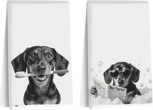 2Pcs Funny Dachshund Hand Towel for Bathroom 24x14 Inch, Cute Dog Absorbent Soft Microfiber Dish Cloth Bathroom Towel, Waffle Hand Towels for Toilet Home Decor, Dachshund Gifts